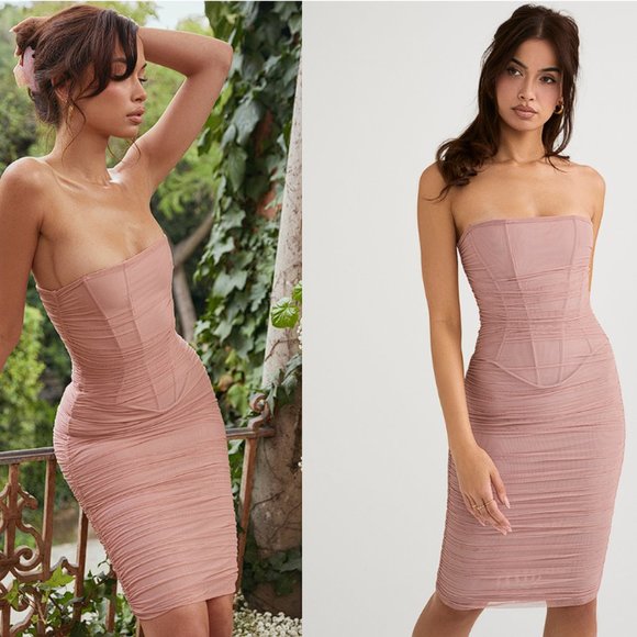 House of CB 'Julianna' Blush Strapless Ruched Midi Dress NWOT - Picture 4 of 12
